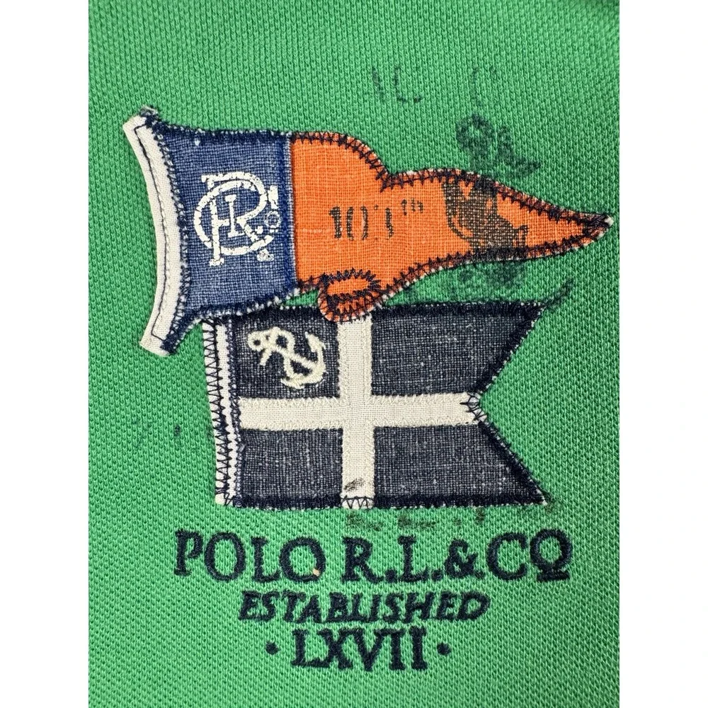 Polo Ralph Lauren Rugby Polo Shirt Mens L Green Nautical Flag Patch Y2K Cotto